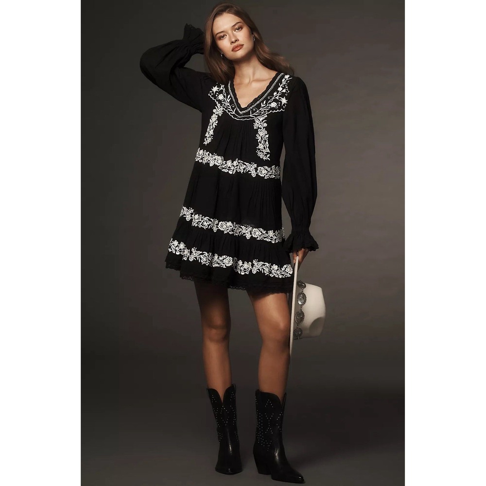 Anthropologie Long Sleeve Embroidered Pintuck Swing Mini Dress Sz S Boho Peasant